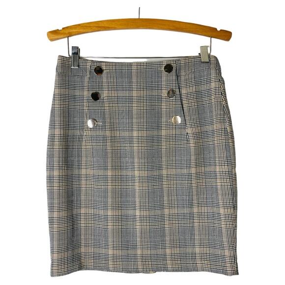 H&M black white tan plaid button sailor preppy stretchy pencil midi skirt 6 - Picture 1 of 8